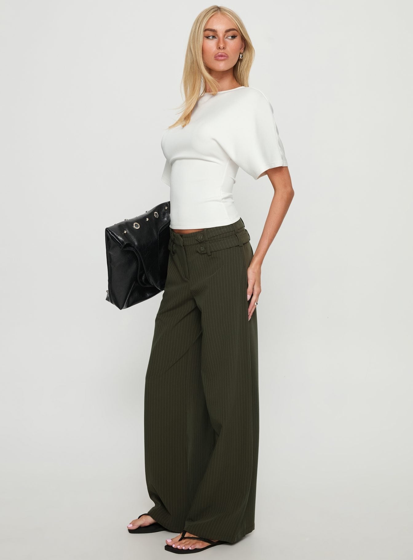 Jette Tailored Buckle Trousers Green Pinstripe