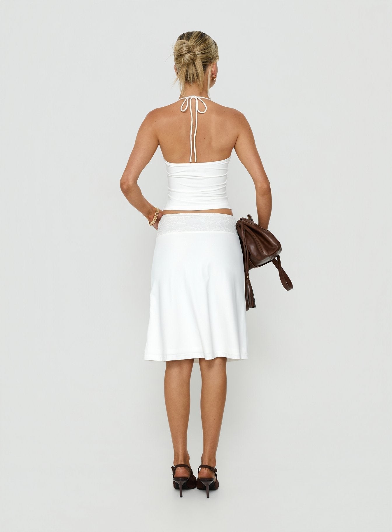 Zenaide Lace Detail Midi Skirt White