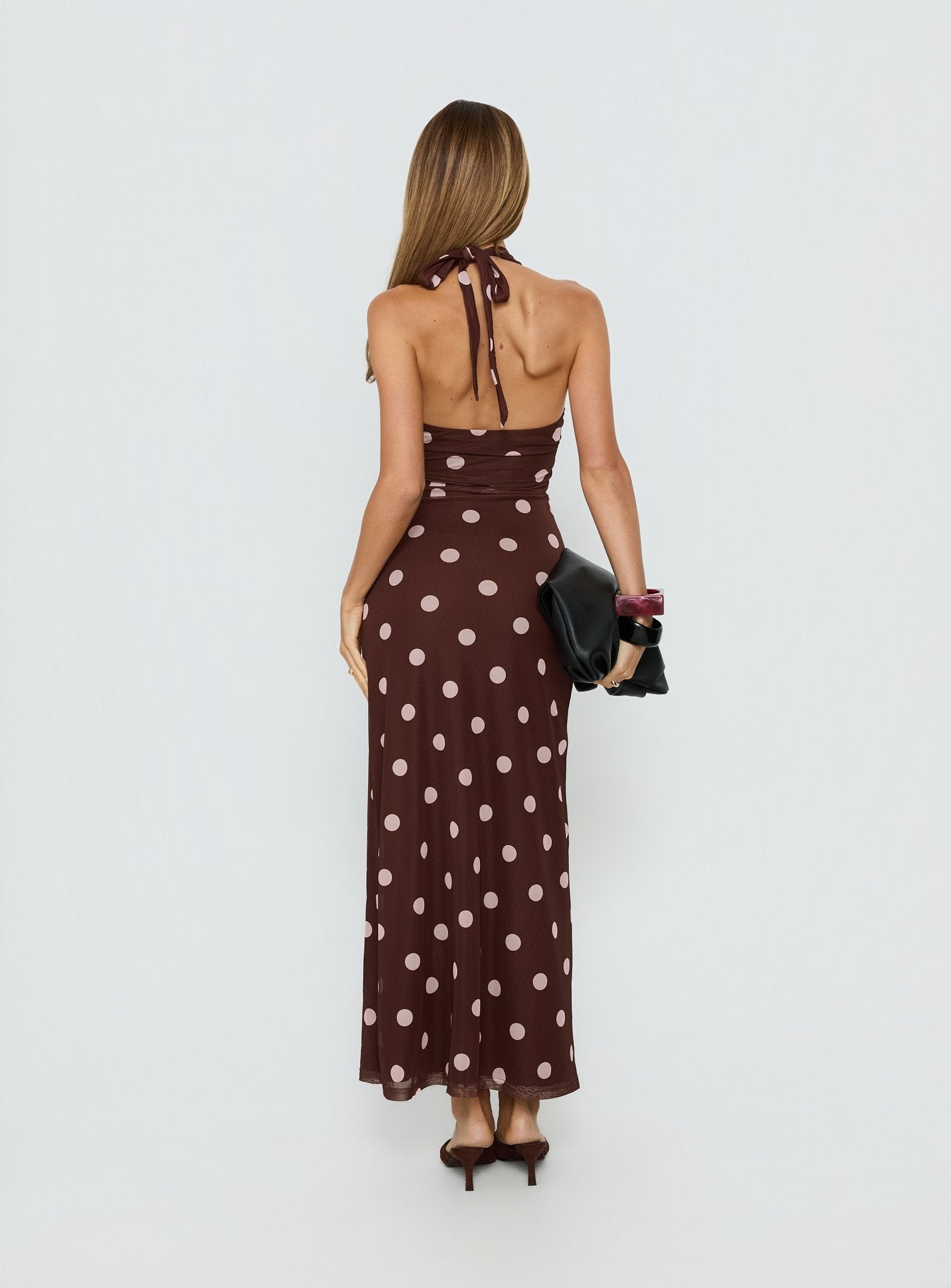 Saviana Halter Ruched Maxi Dress Chocolate / Pink Polka Dot