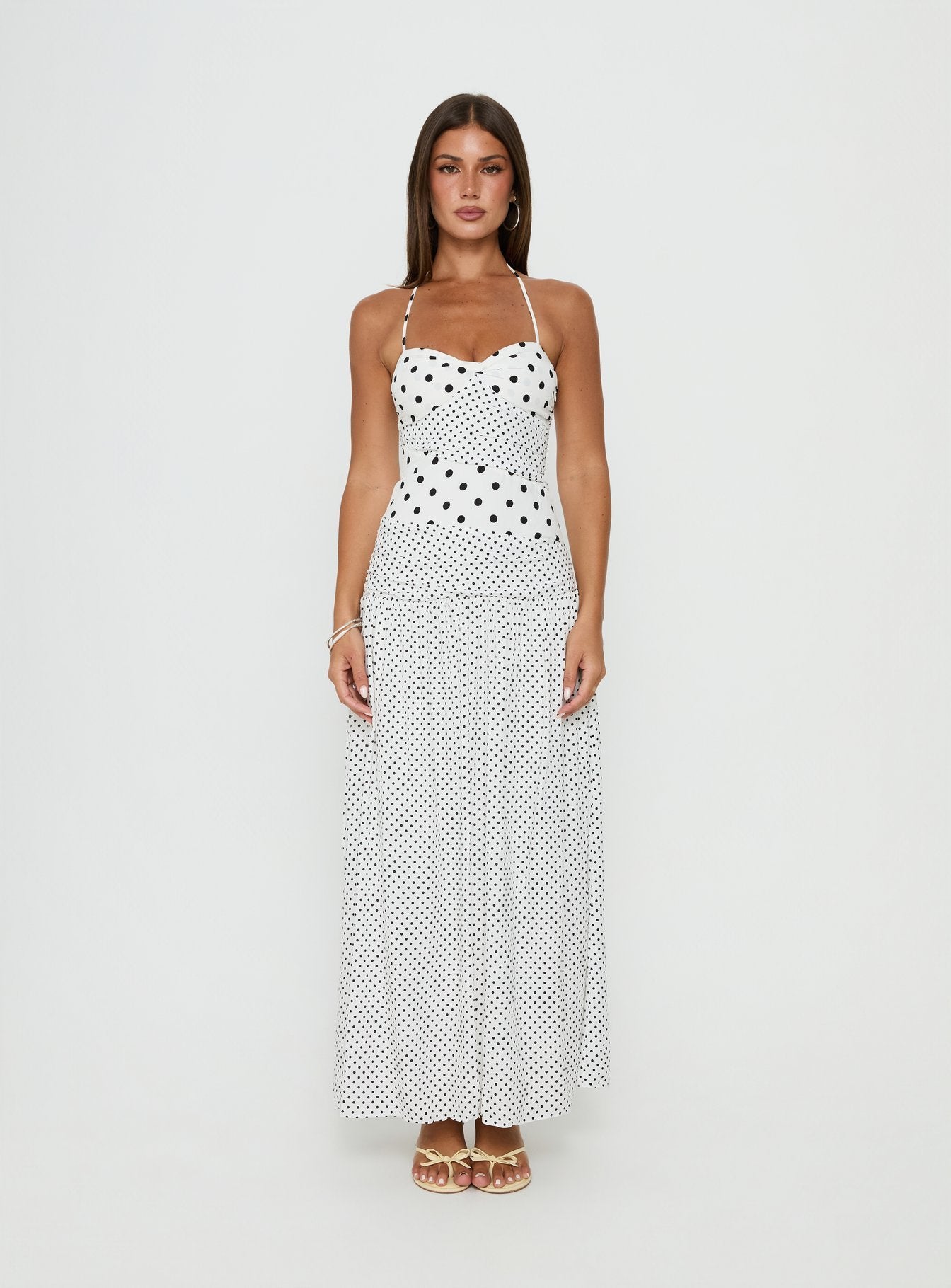 Marguerite Halter Maxi Dress White Polka Dot