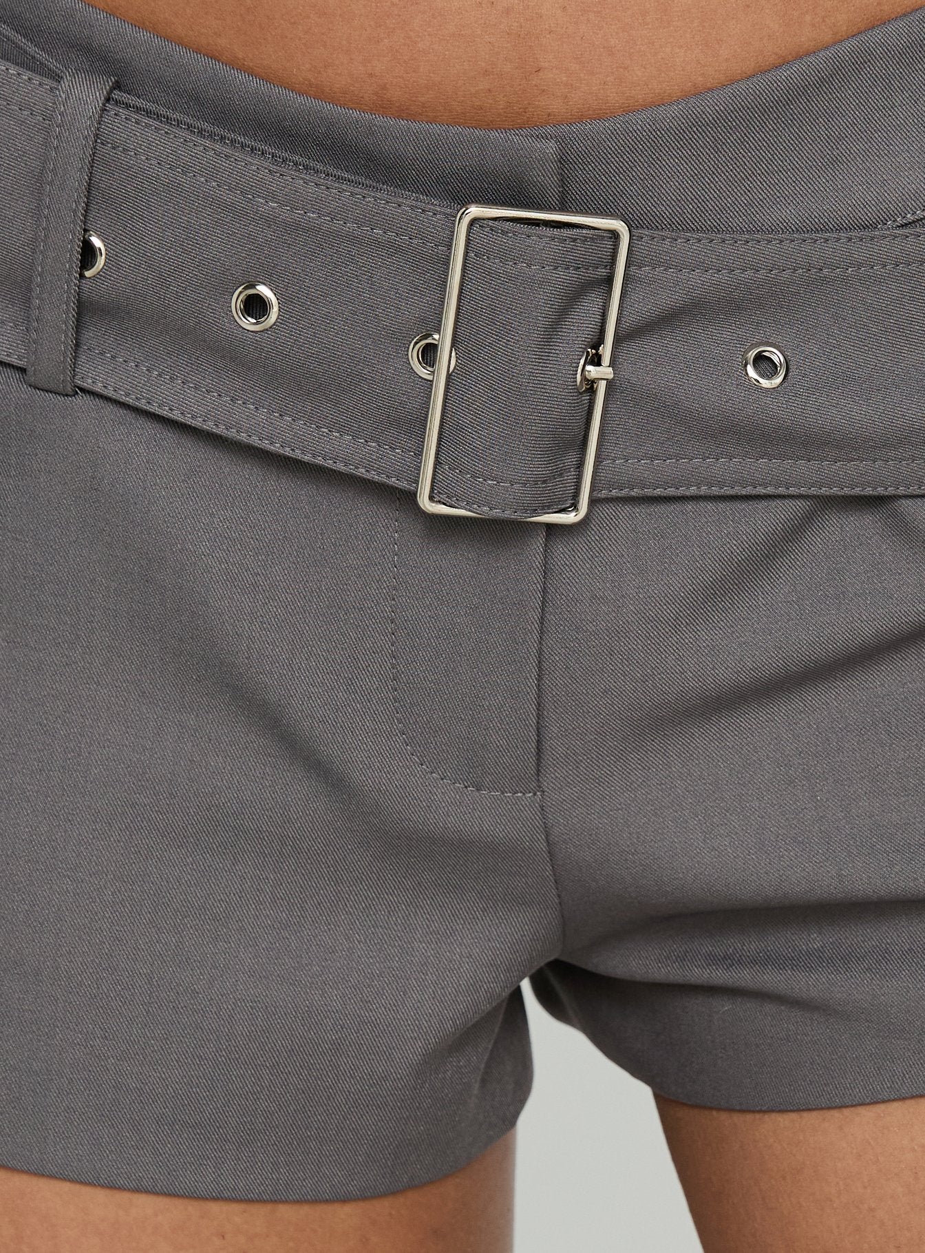 Zaera Asymmetrical Belt Tailored Mini Shorts Charcoal