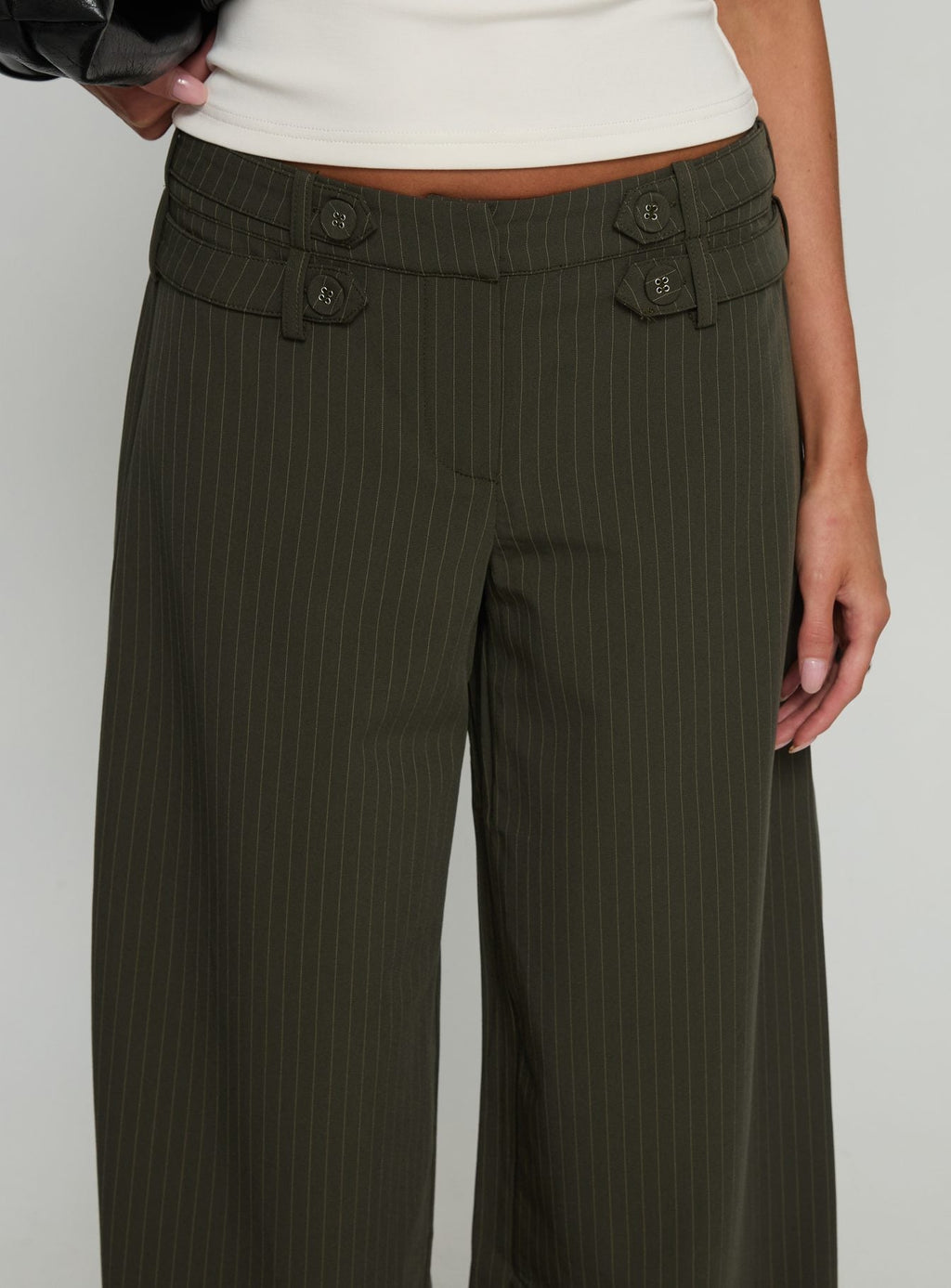 Jette Tailored Buckle Trousers Green Pinstripe