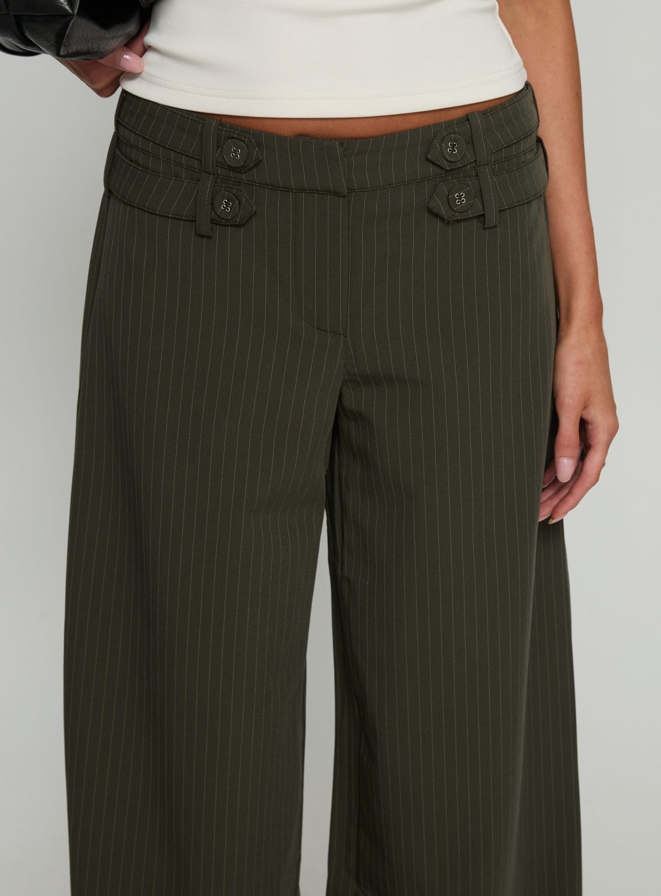 Jette Tailored Buckle Trousers Green Pinstripe