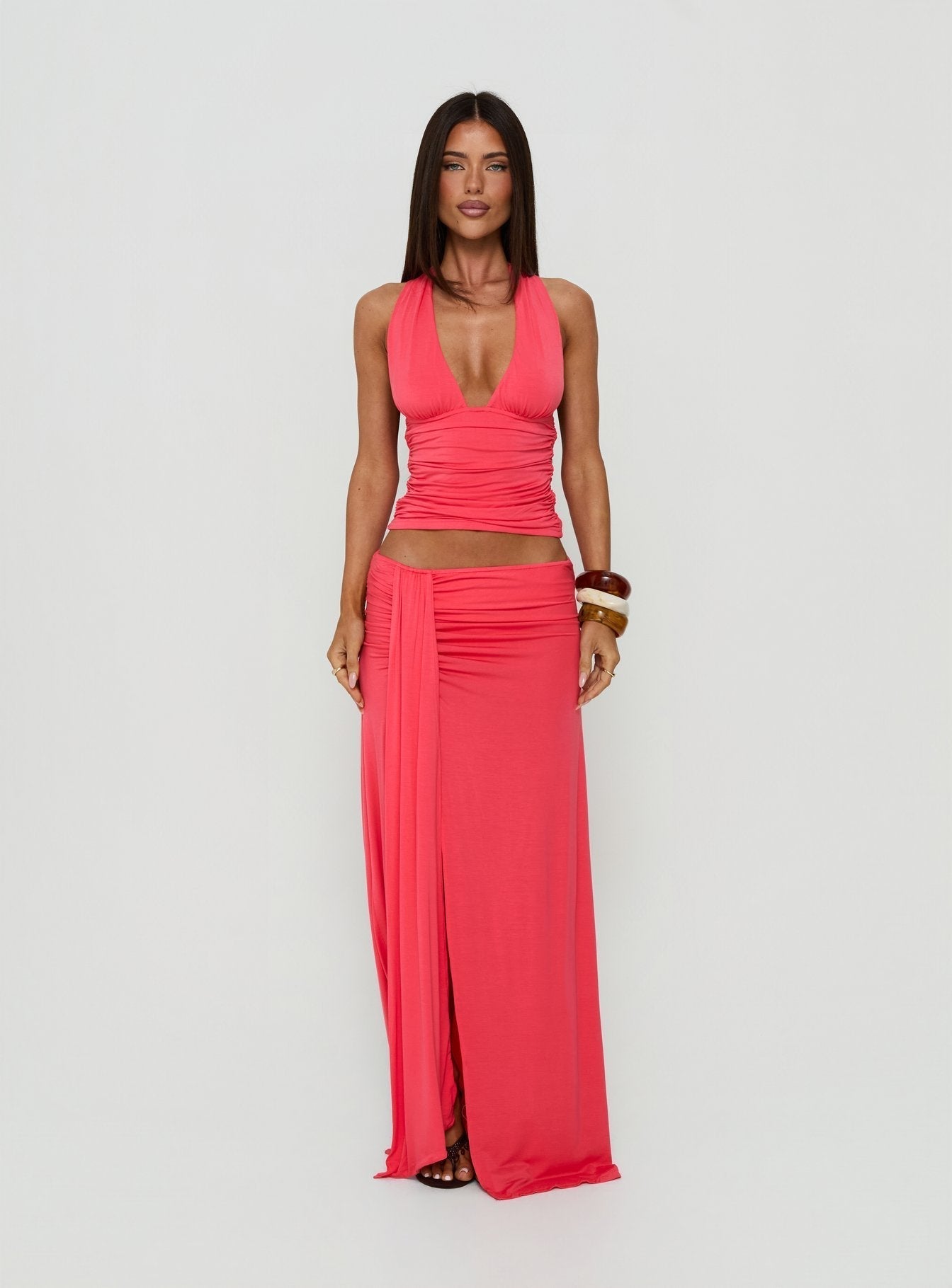 Keerah Ruched Maxi Skirt Guava