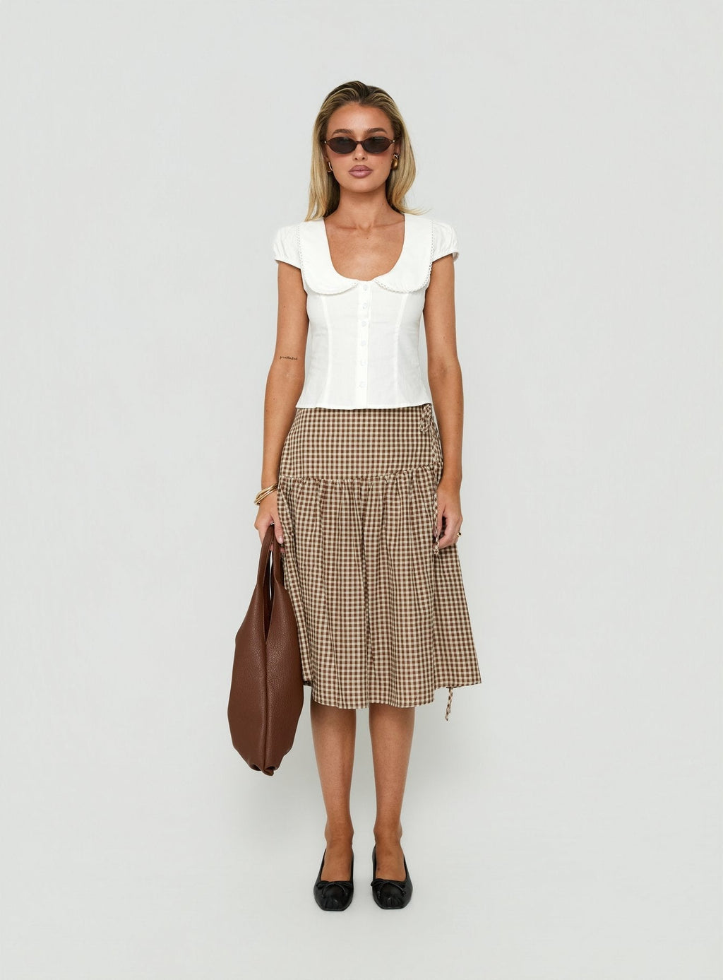 Kasida Tie Detail Midi Skirt Brown Check