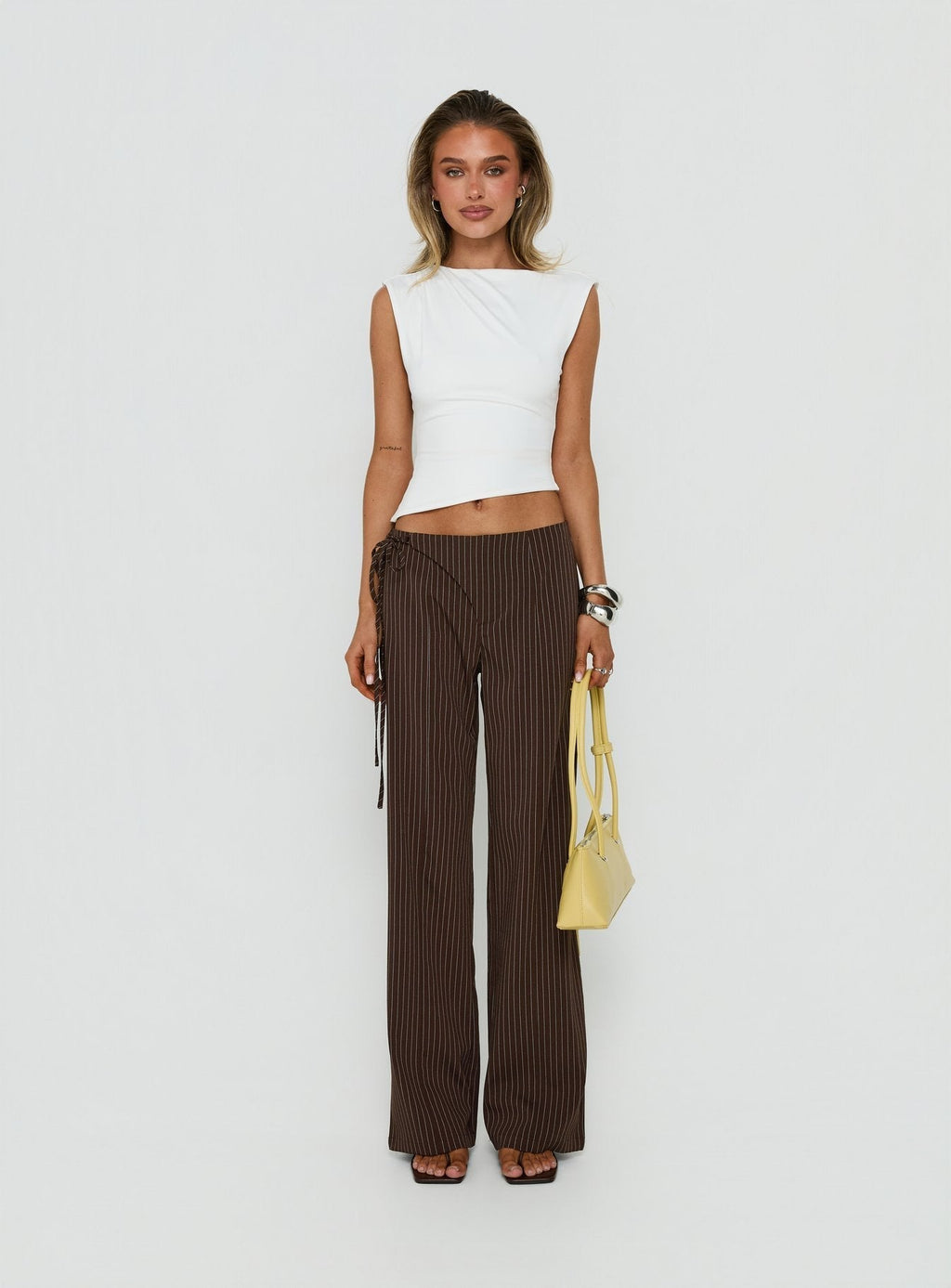 Editta Tie Detail Low Rise Tailored Pants Brown Pinstripe