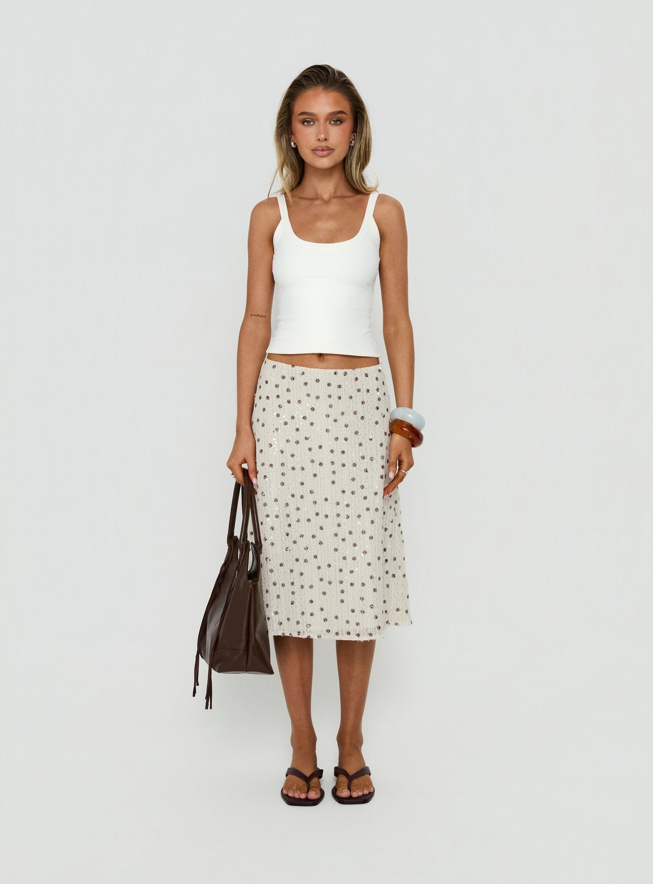Olila Sequin Midi Skirt White Polka Dot