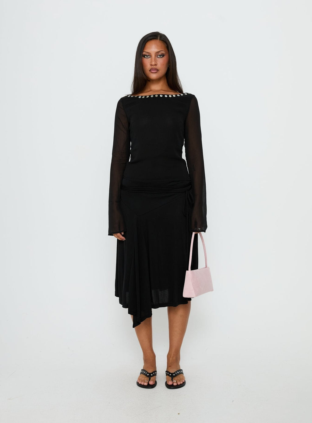 Joaney Tie Side Jersey Midi Skirt Black
