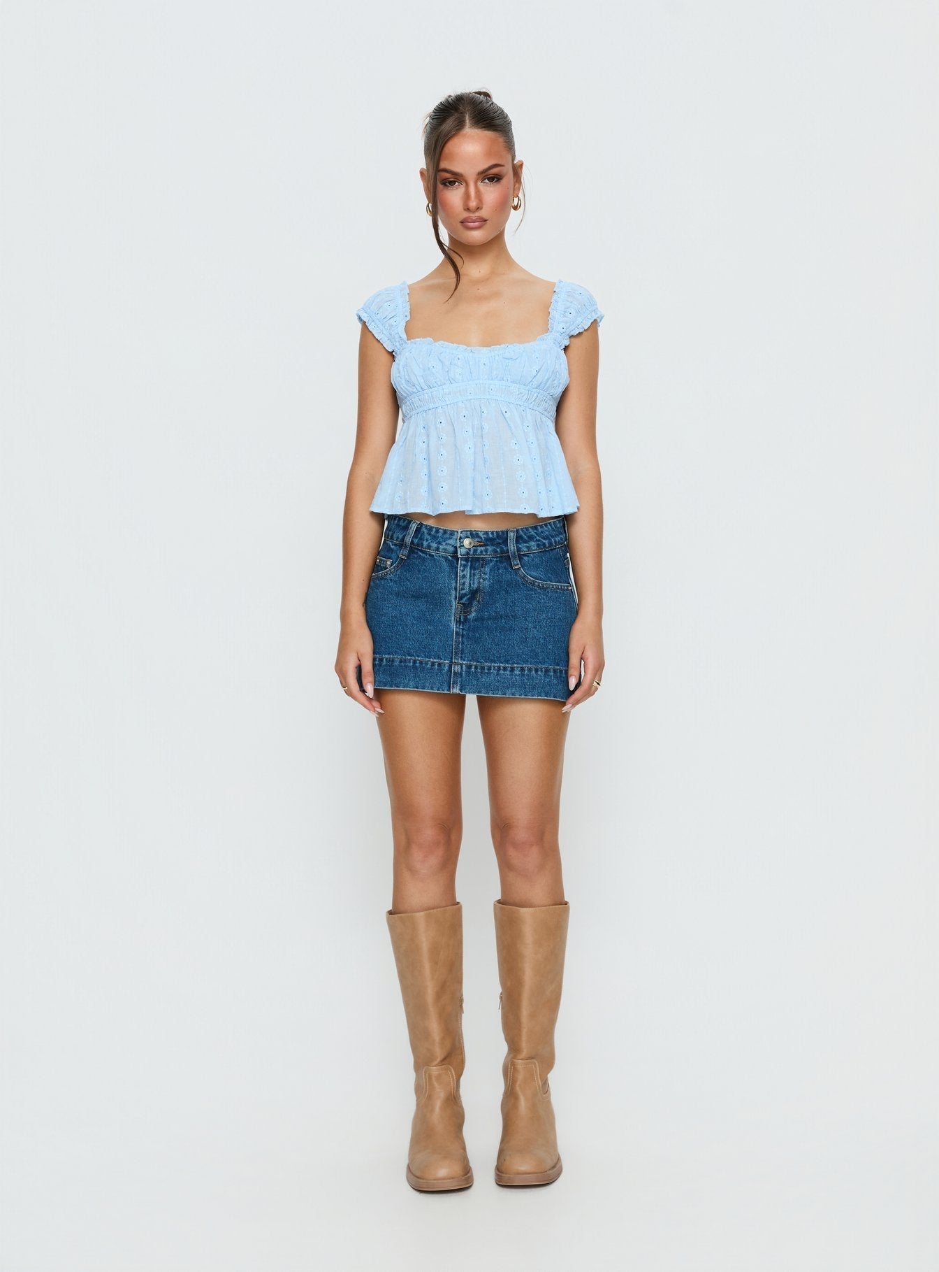 Warna Low Rise Denim Mini Skirt Mid Blue Wash