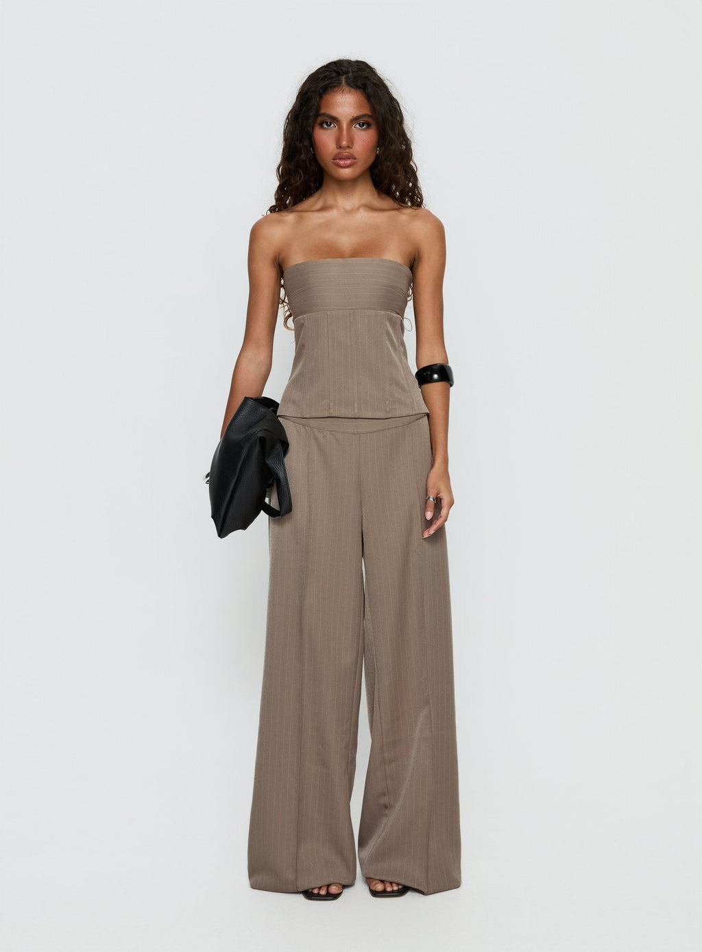 Madelle Mid Rise Straight Leg Pants Brown Pinstripe