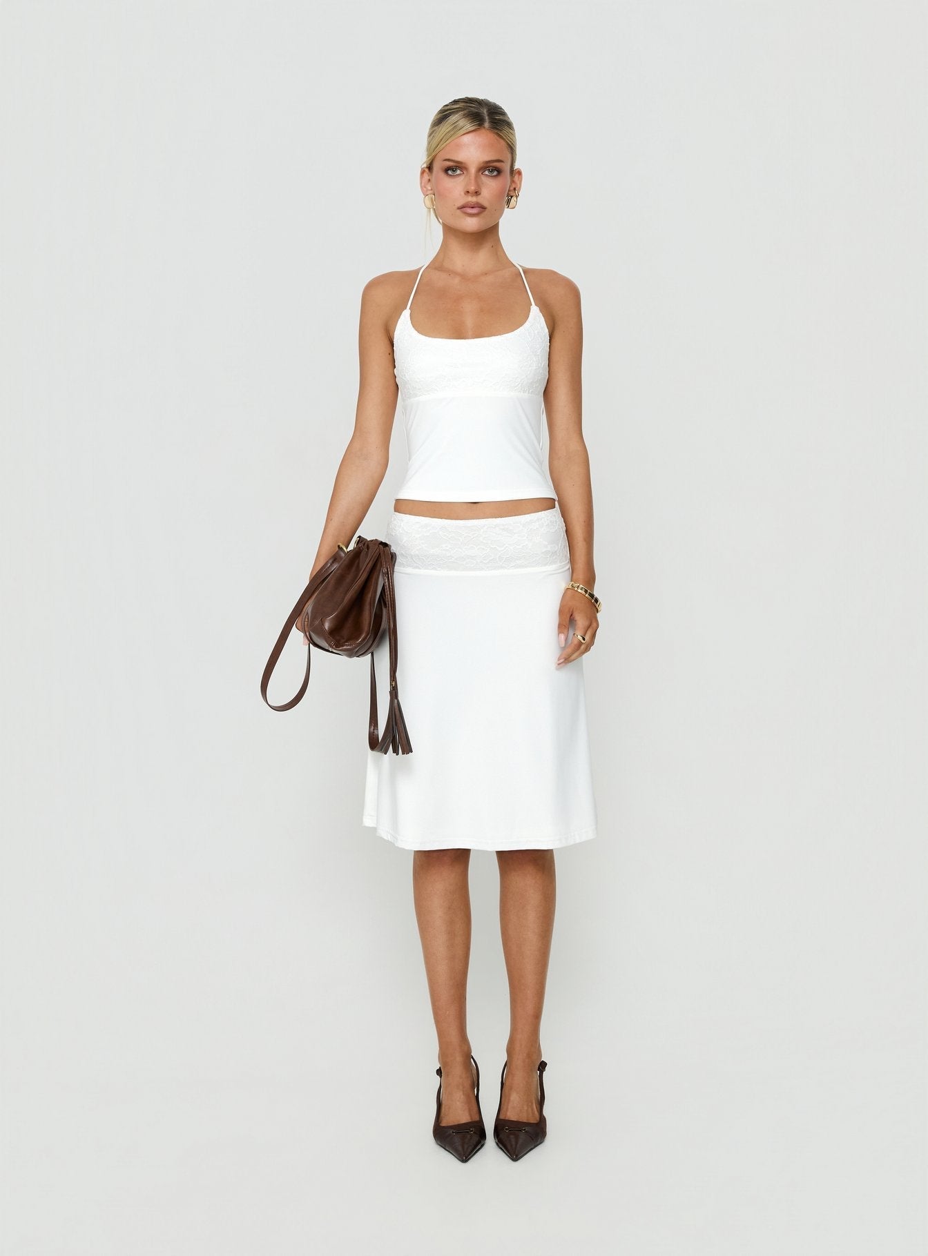 Zenaide Lace Detail Midi Skirt White