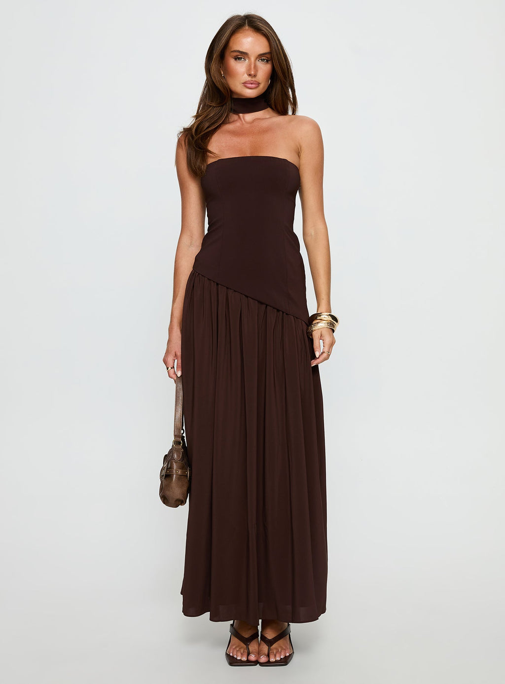 Odela Strapless Scarf Drop Waist Maxi Dress Chocolate