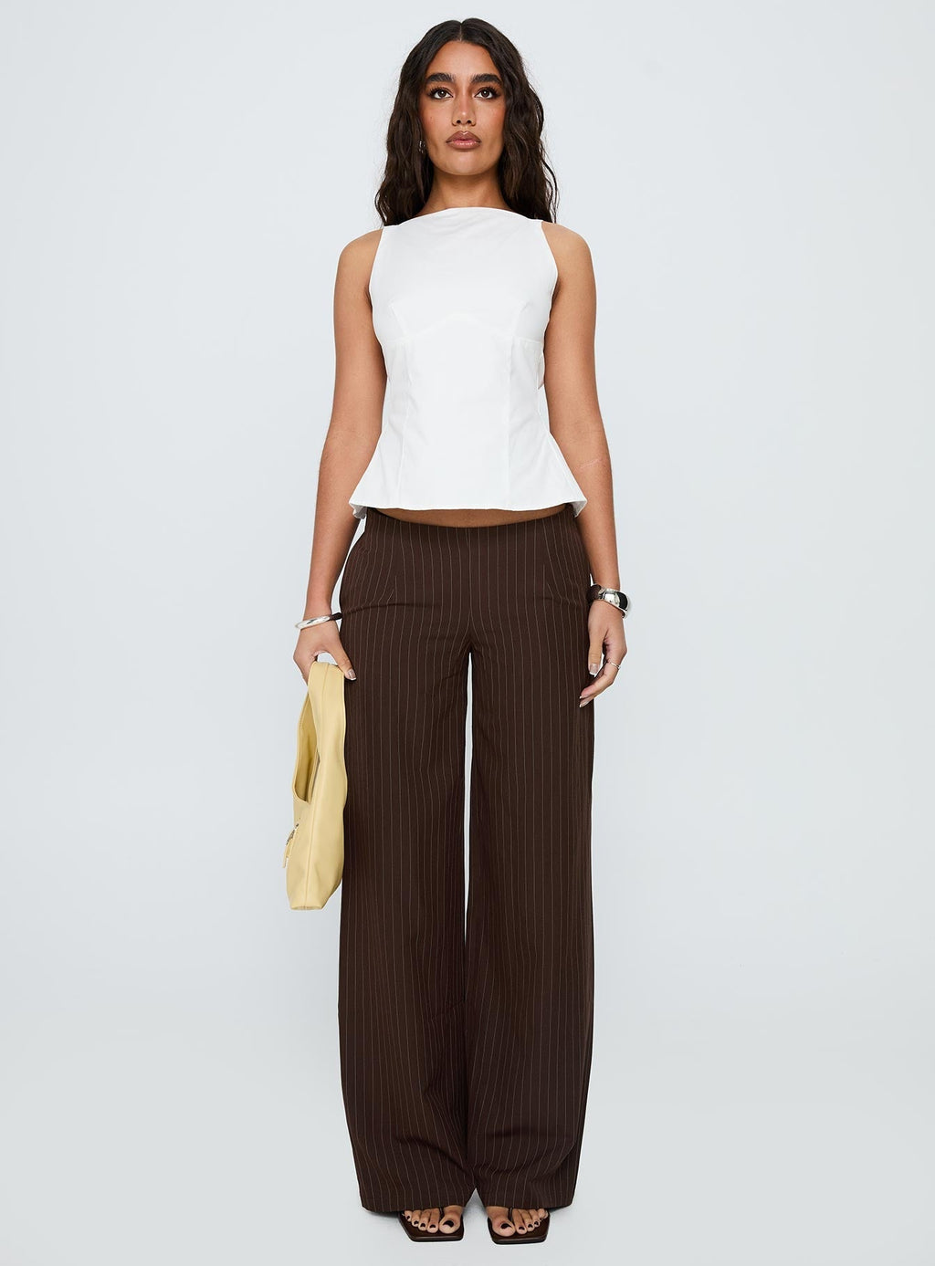 Khane Low Rise Wide Leg Trousers Brown Pinstripe