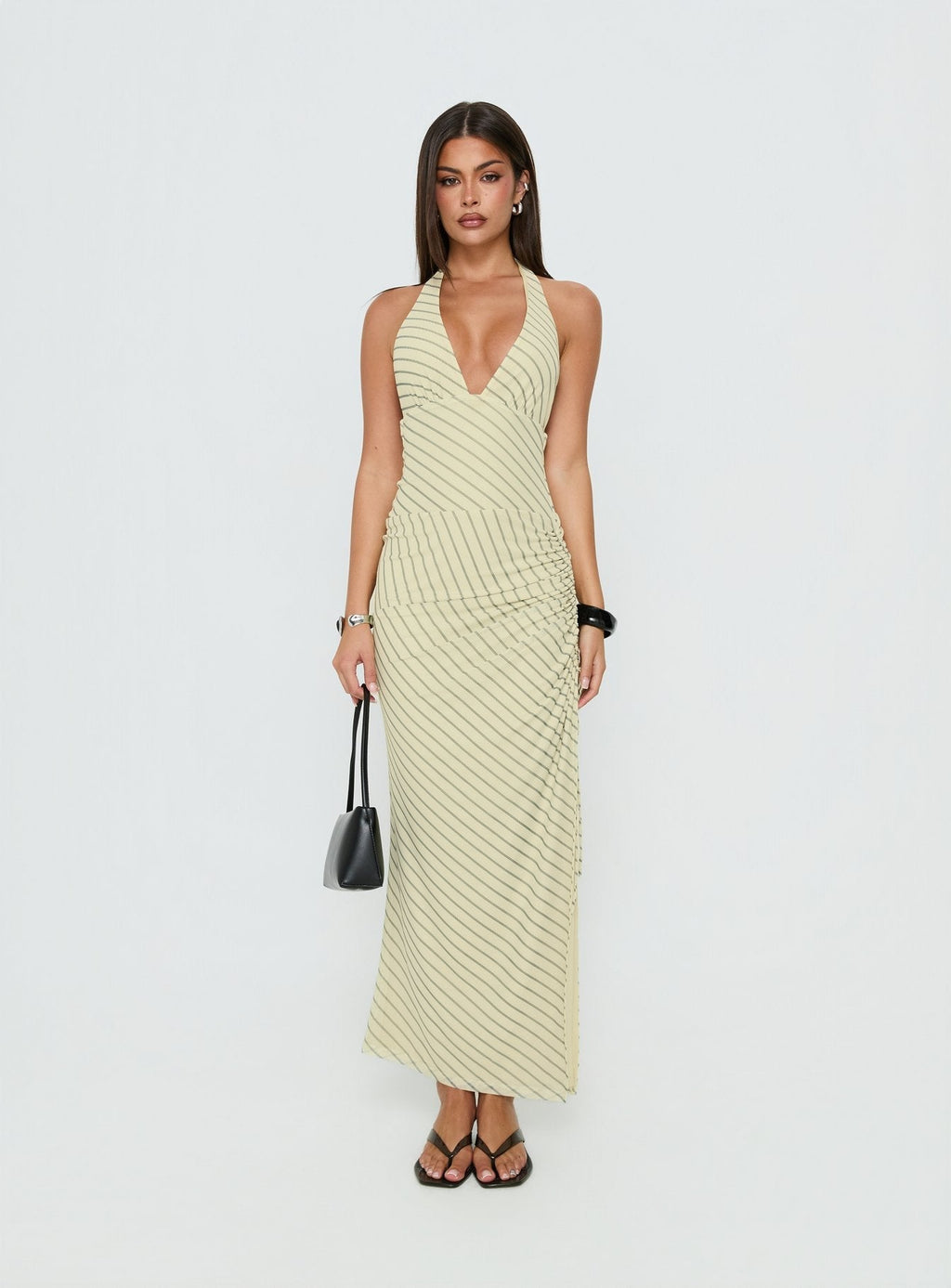 Adolena Halter Ruched Maxi Dress Yellow Stripe