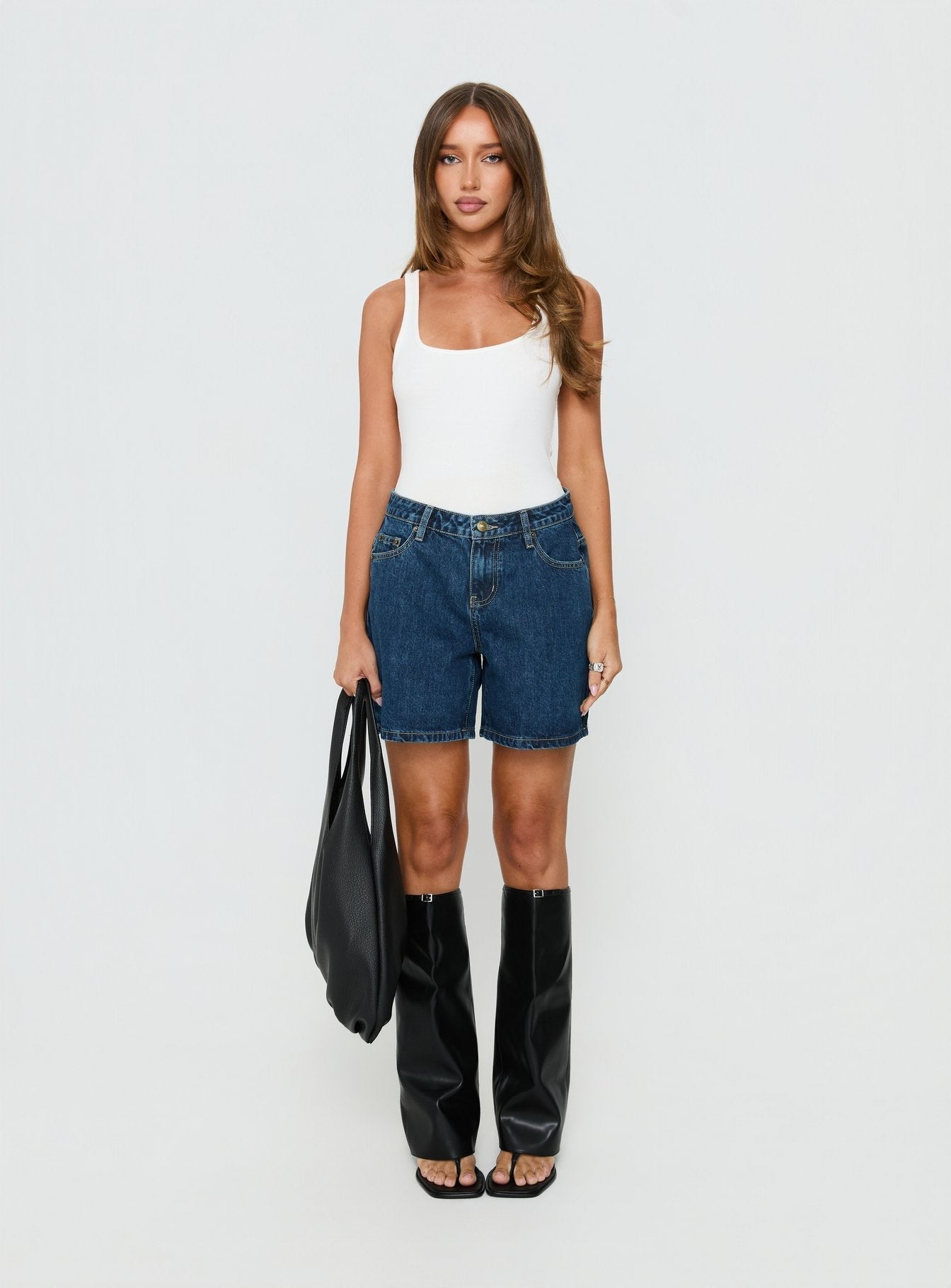 Dreamful Relaxed Longline Denim Shorts Mid Blue Wash