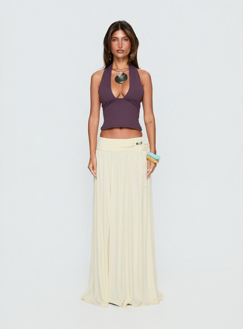 Velvet Storm Tie Detail Flowy Maxi Skirt Cream