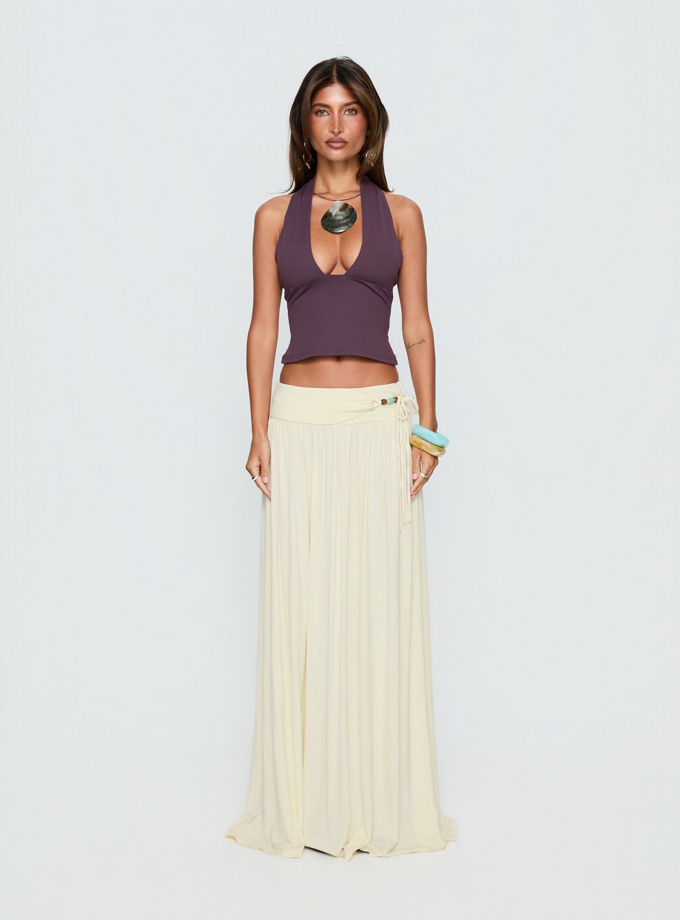 Velvet Storm Tie Detail Flowy Maxi Skirt Cream