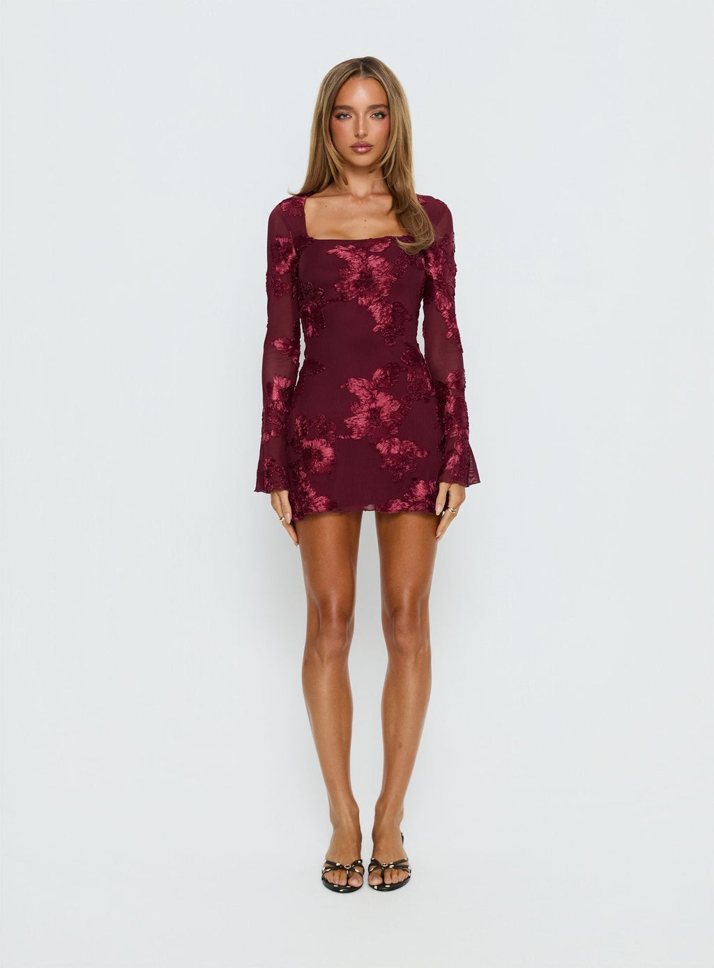 Better Love Long Sleeve Mini Dress Burgundy Floral