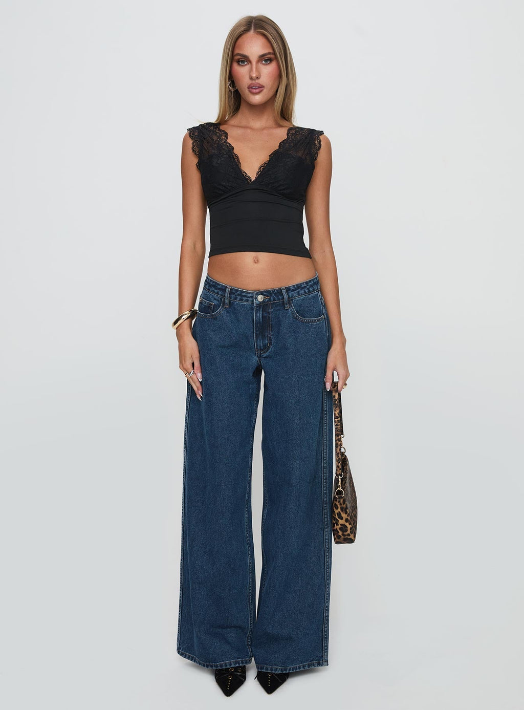 Ramos Low Rise Wide Leg Denim Jeans Dark Blue Wash