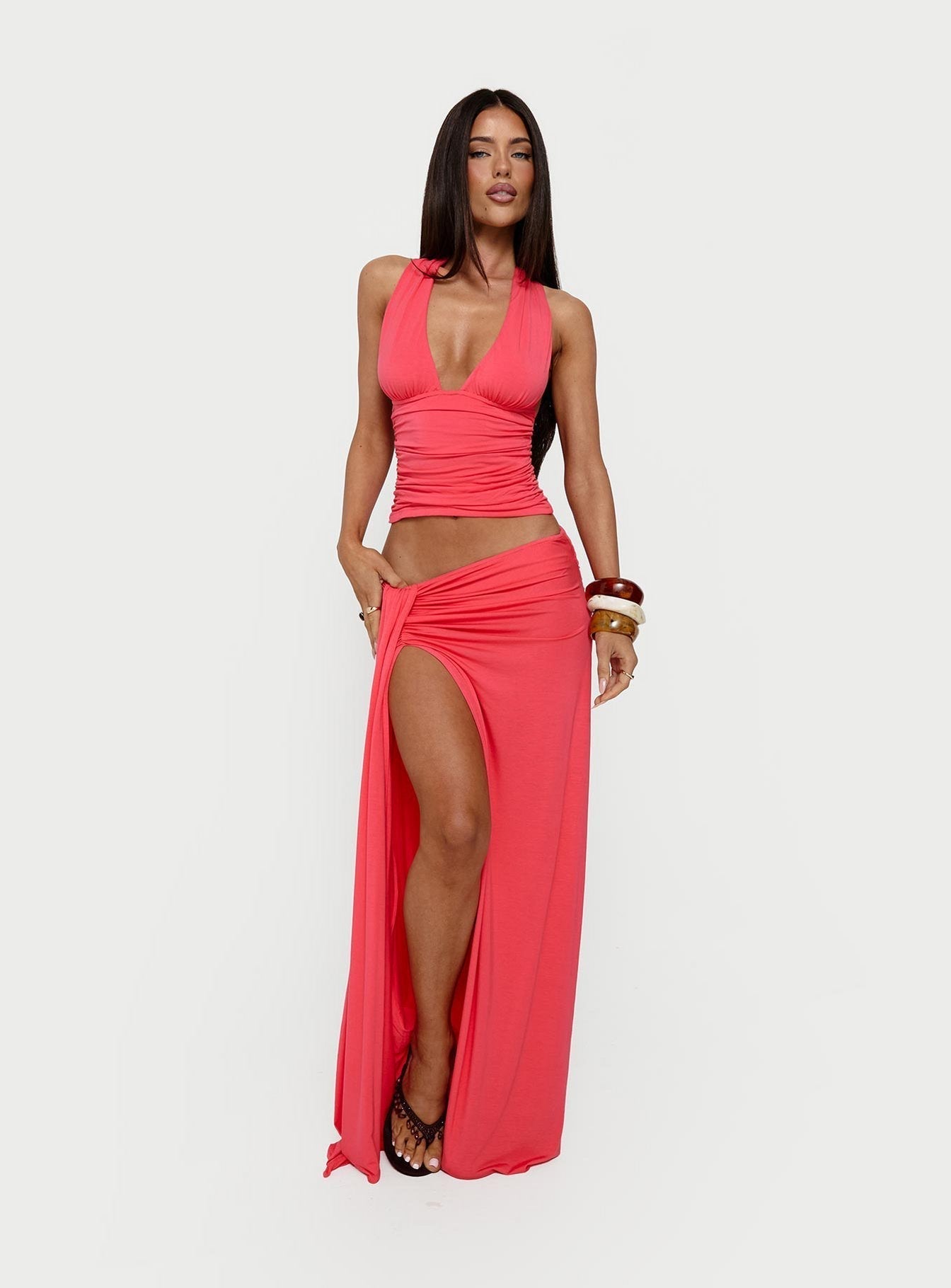 Keerah Ruched Maxi Skirt Guava