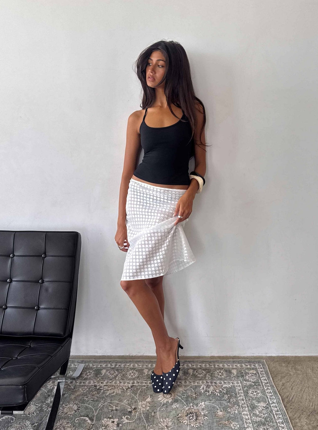 Evangela Sheer Midi Skirt White Polka Dot