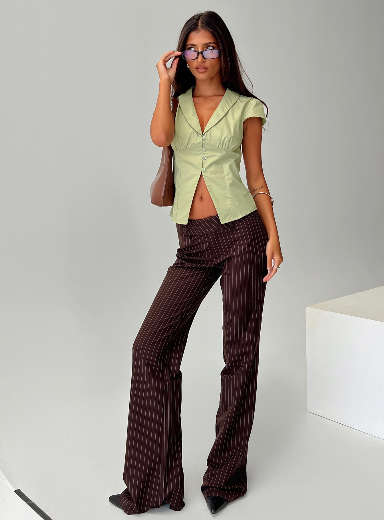 Kinkirk Flared Trousers Brown Pinstripe