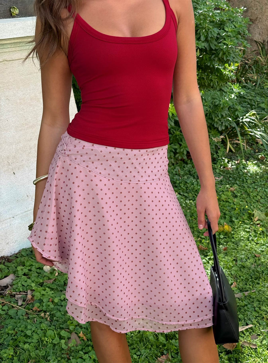 Evanescence Asymmetrical Midi Skirt Pink Polka Dot