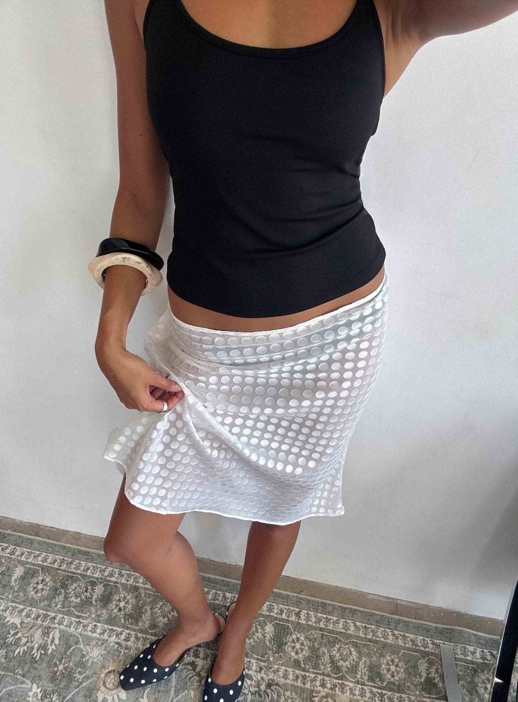 Evangela Sheer Midi Skirt White Polka Dot