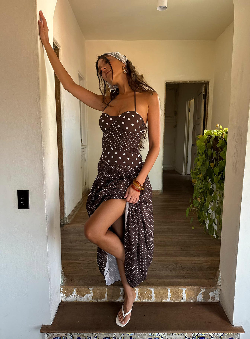 Marguerite Halter Maxi Dress Brown Polka Dot