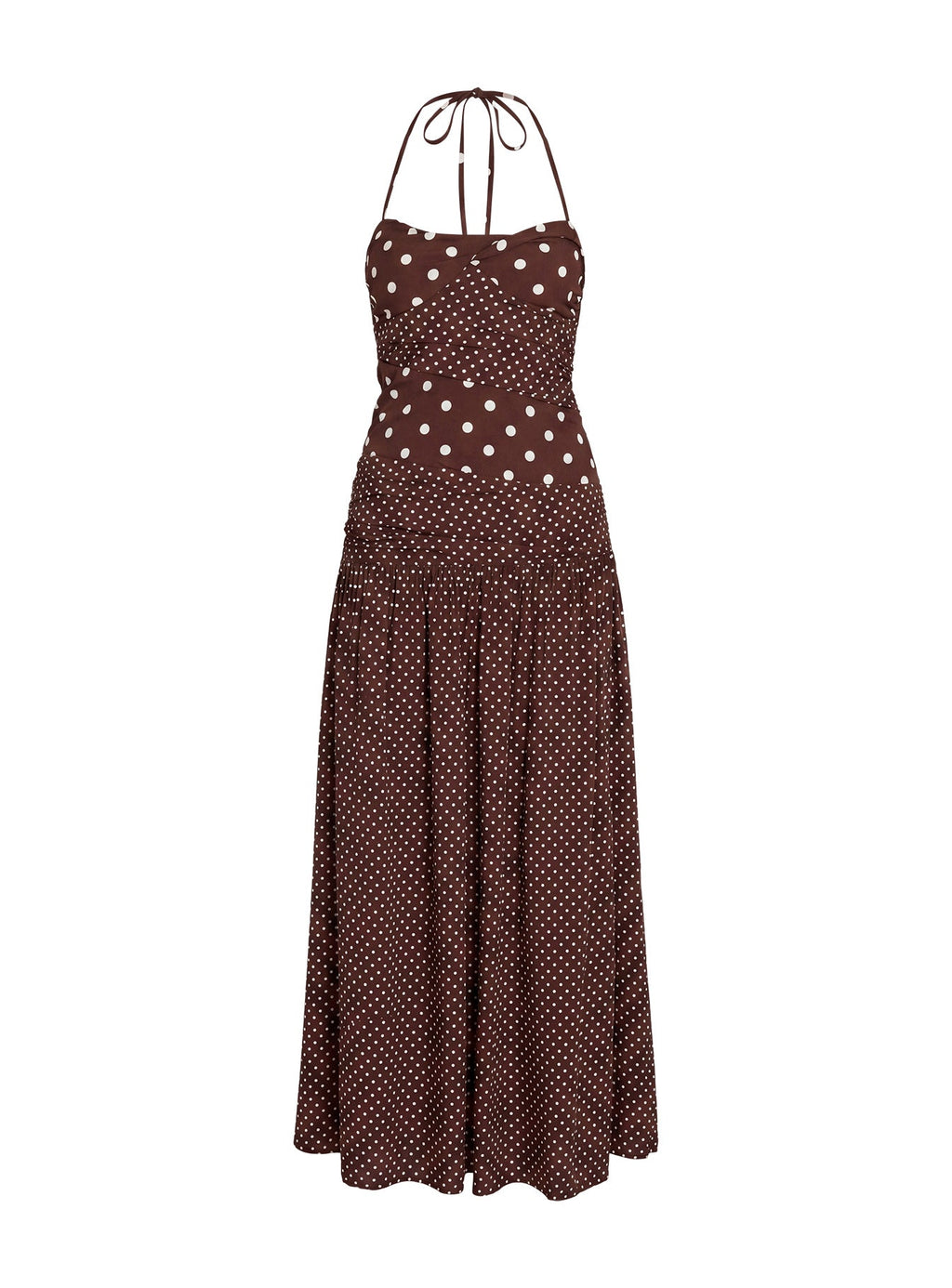 Marguerite Halter Maxi Dress Brown Polka Dot