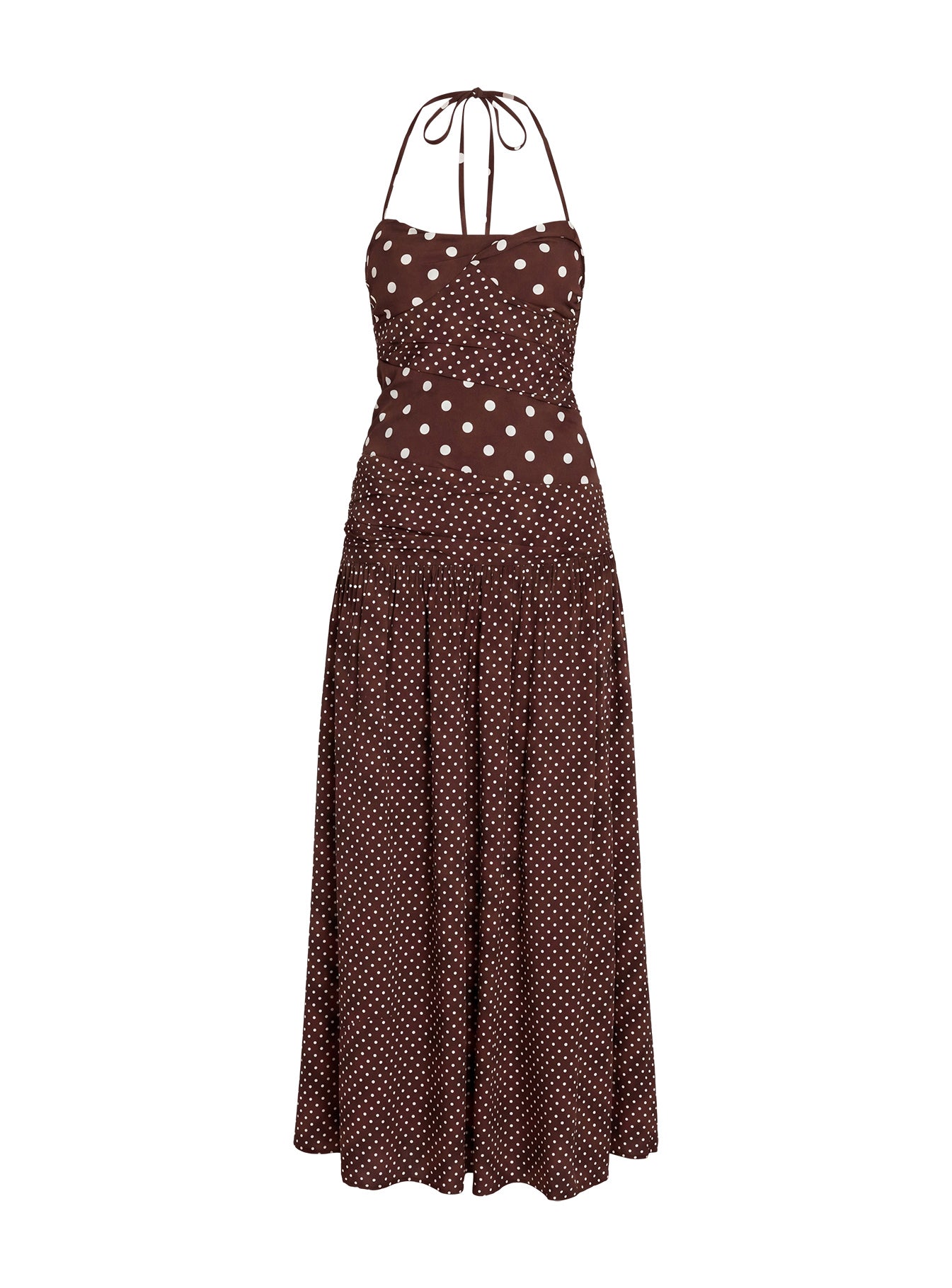 Marguerite Halter Maxi Dress Brown Polka Dot